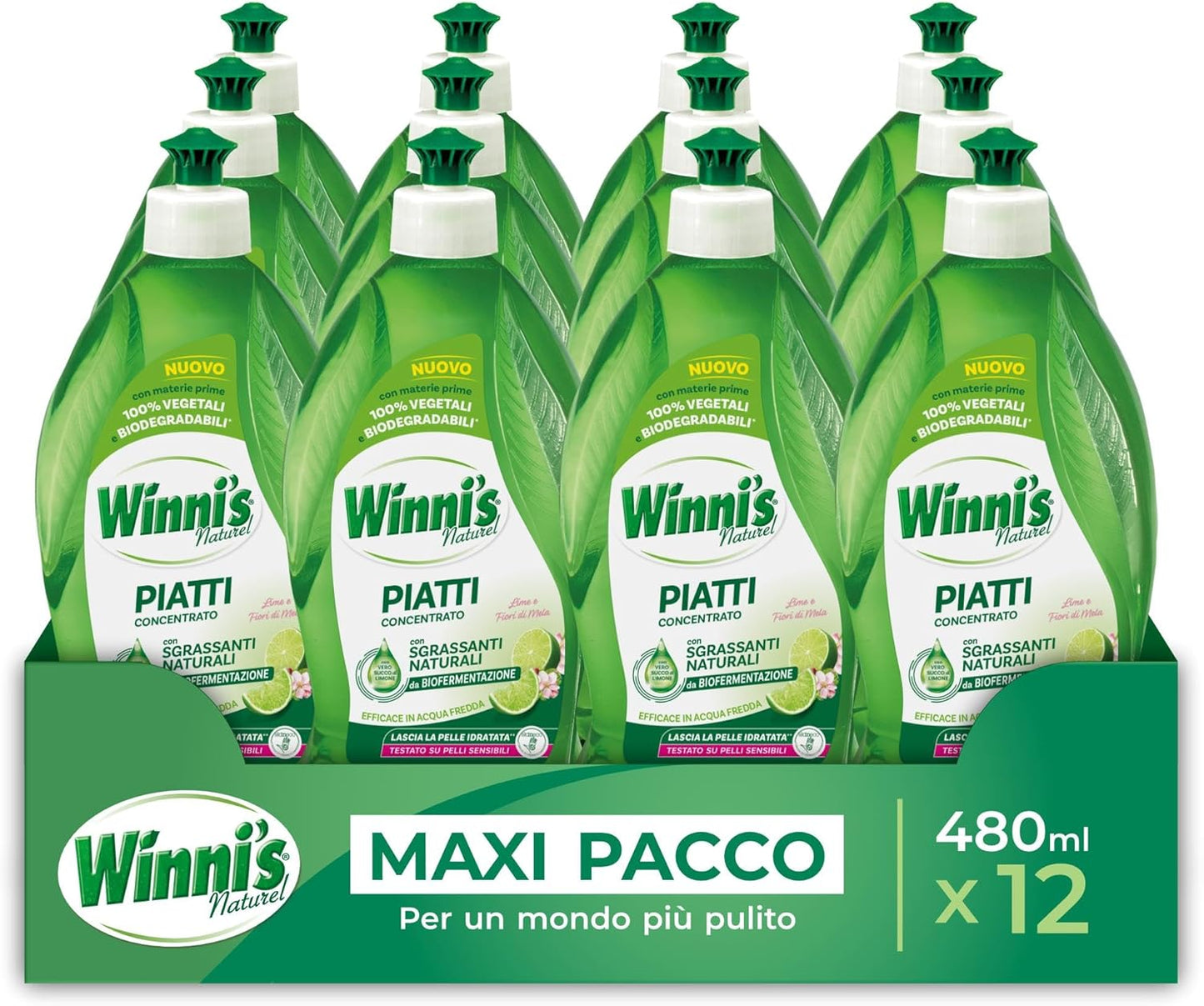 Winni's - Concentrated Hypoallergenic Detergent with Natural Biofermentation Degreasers, Lime and Apple Flowers, Vegetable Origin Raw Materials, 480 ml x 12 Packs