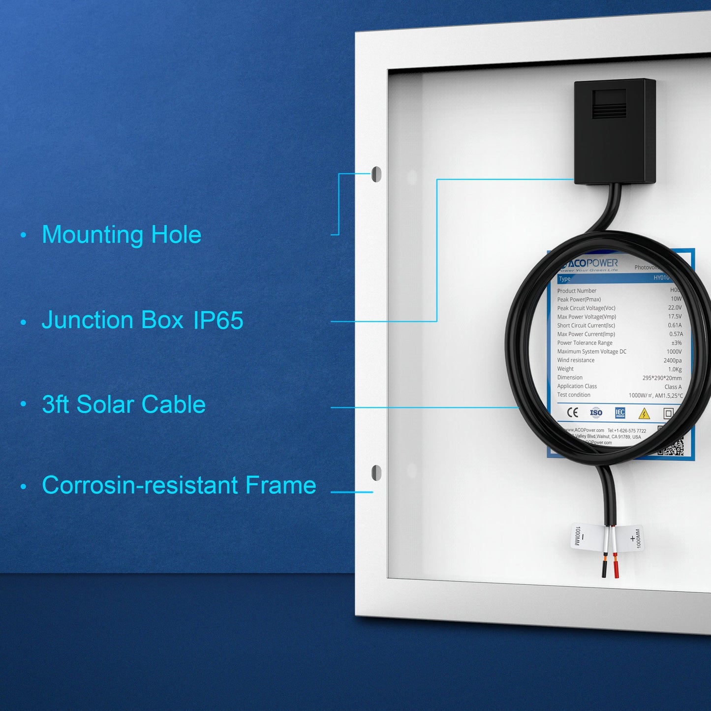 Pannello solare monocristallino da 10 Watt 12 Volt