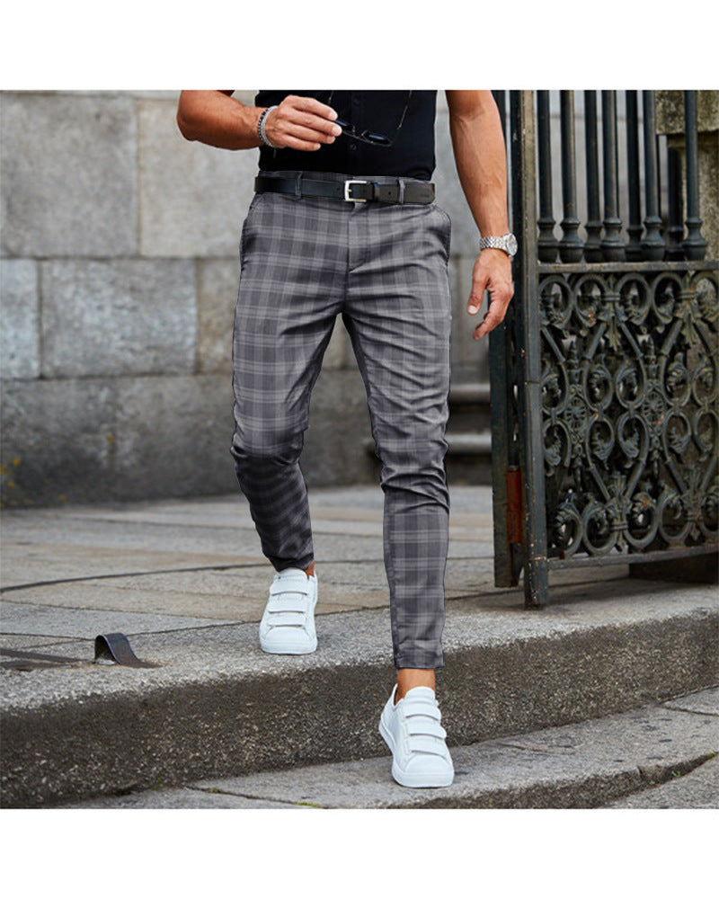 Pantaloni casual da uomo con stampa a quadri, larghi e sottili