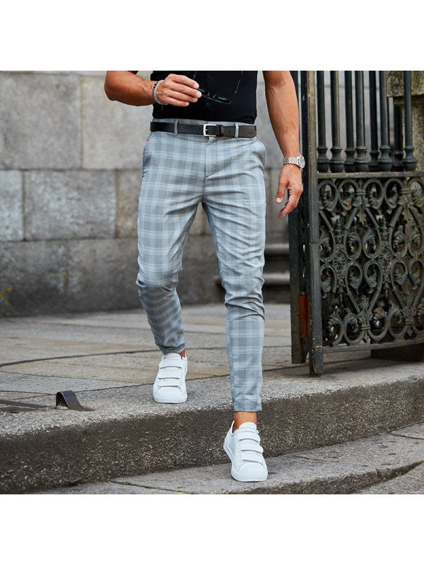 Pantaloni casual da uomo con stampa a quadri, larghi e sottili