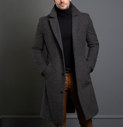 Trench invernale con revers, giacca monopetto alla moda, capispalla casual, tinta unita, abbigliamento da uomo