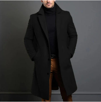Trench invernale con revers, giacca monopetto alla moda, capispalla casual, tinta unita, abbigliamento da uomo
