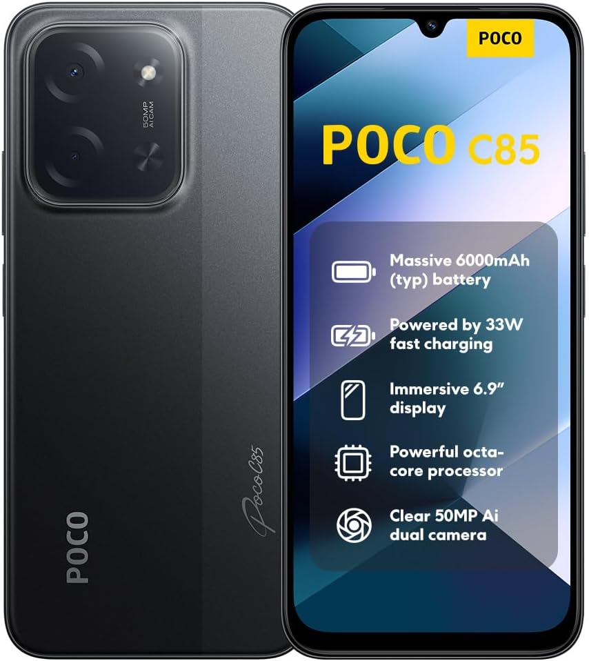 XIAOMI POCO C85, 8+256GB Smartphone, 6.9" 120Hz 8mm Design, MediaTek Helio G81-Ultra Octa-core, 50MP Dual AI Camera, 6000mAh, 2 Year Warranty, Black, Charger Not Included