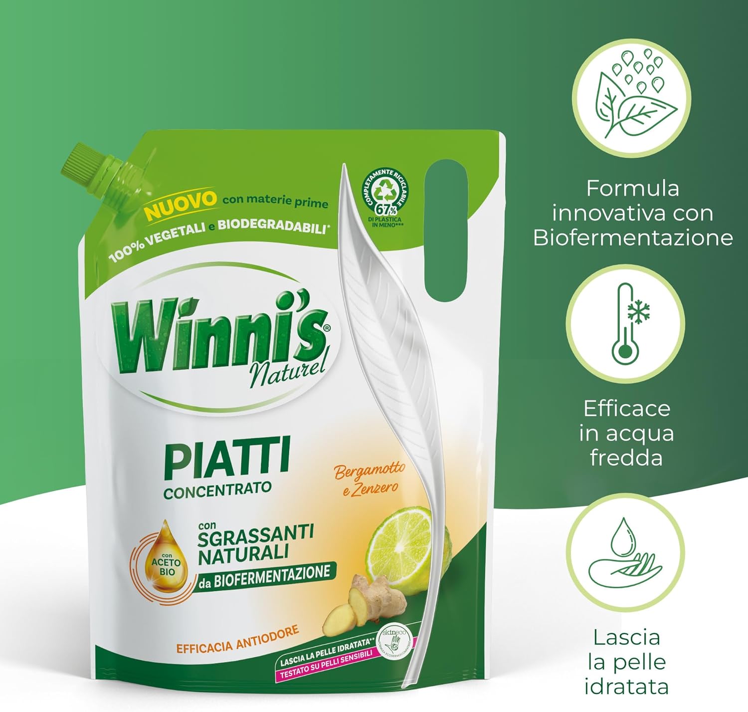 Winni's - Hand Detergent, Bergamot and Ginger, Concentrated, Hypoallergenic, with Natural Degreasers from Biofermentation, Raw Materials of Plant Origin, 900 ml x 8 Packs