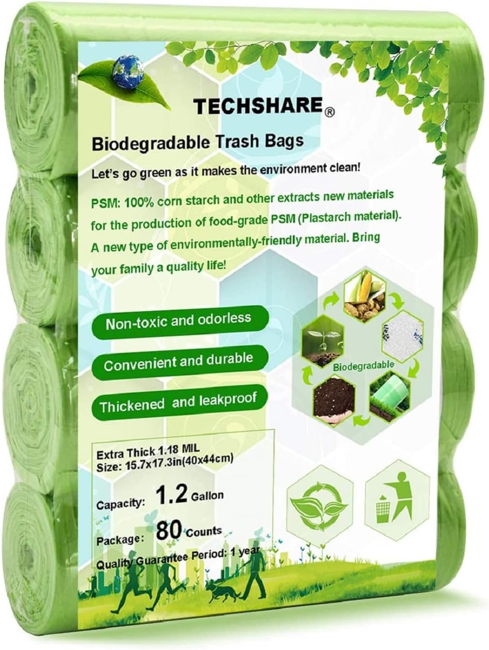 Organic Waste Bags, Garbage Bags 5L 80 Pieces, Thick Biodegradable Waste Bags for Kitchen/Office Household Waste/Garden (Green)