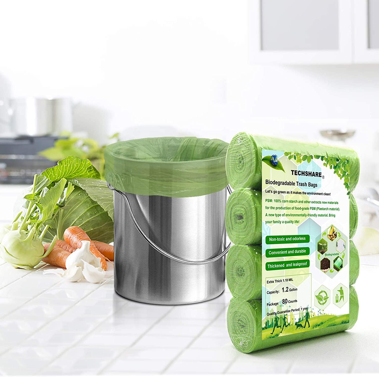 Organic Waste Bags, Garbage Bags 5L 80 Pieces, Thick Biodegradable Waste Bags for Kitchen/Office Household Waste/Garden (Green)