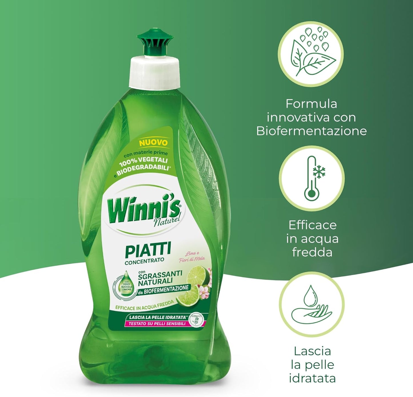 Winni's - Concentrated Hypoallergenic Detergent with Natural Biofermentation Degreasers, Lime and Apple Flowers, Vegetable Origin Raw Materials, 480 ml x 12 Packs
