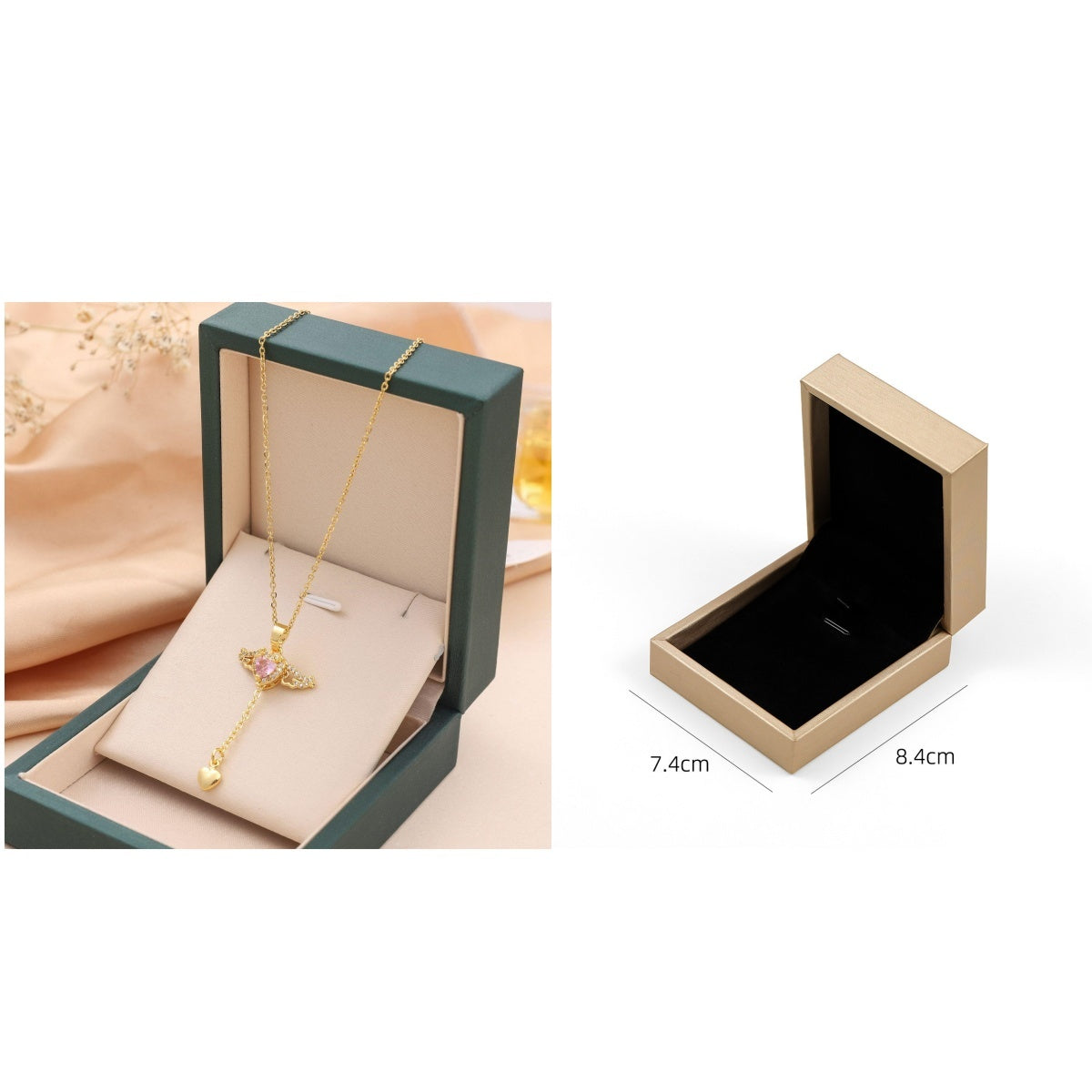 Collana con nappa, ali d'angelo e cuore di Cupido in movimento, con catena per clavicola in cristallo