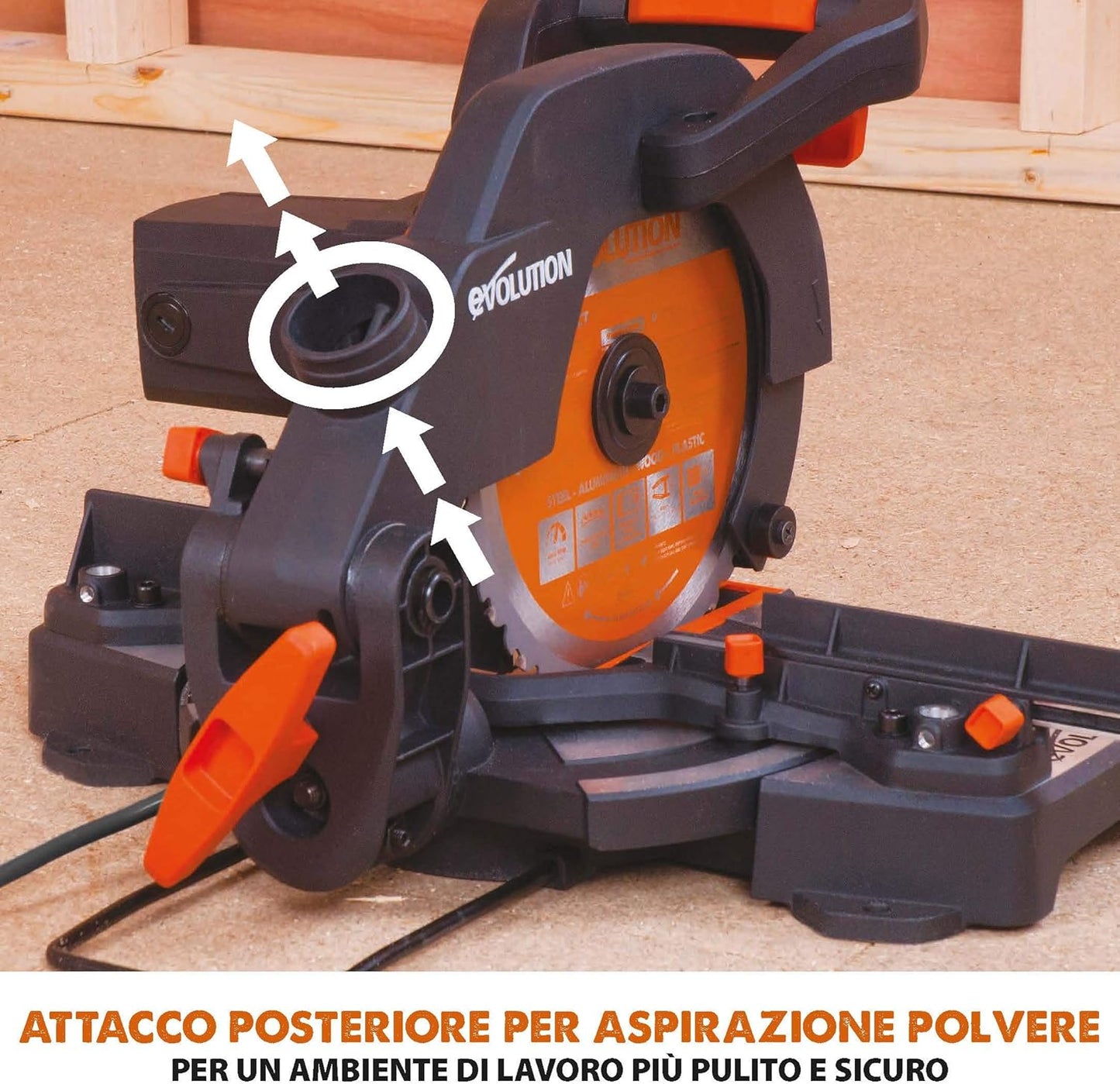 Evolution Power Tools R210Cms Multi-Material Radial Mitre Saw, 210 Mm, 230 V, Multicoloured, 42 x 29 x 32 cm, Idle speed 3750 rpm, Maximum cutting angle: 45°