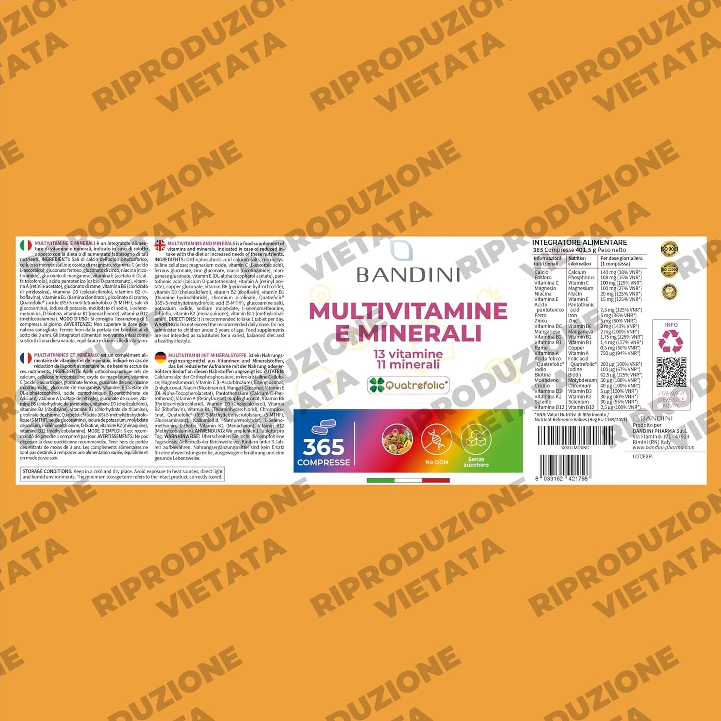 Bandini® Complete Multivitamin 365 Tablets (1 Year Escort) – Multivitamin Complex Supplement with 13 Vitamins and 11 Minerals – Multi-Vitamin Complex for Men and Women – Made in Italy