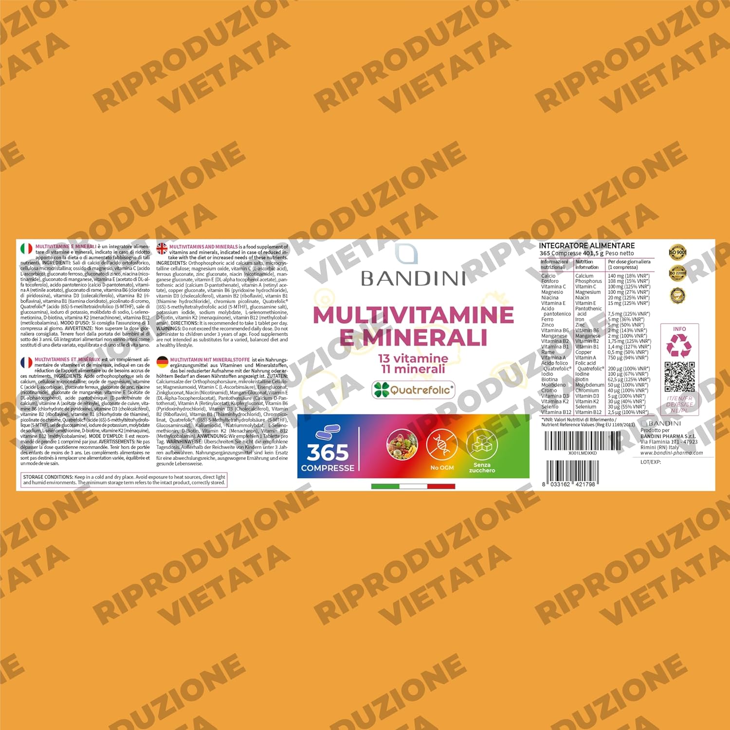 Bandini® Complete Multivitamin 365 Tablets (1 Year Escort) – Multivitamin Complex Supplement with 13 Vitamins and 11 Minerals – Multi-Vitamin Complex for Men and Women – Made in Italy