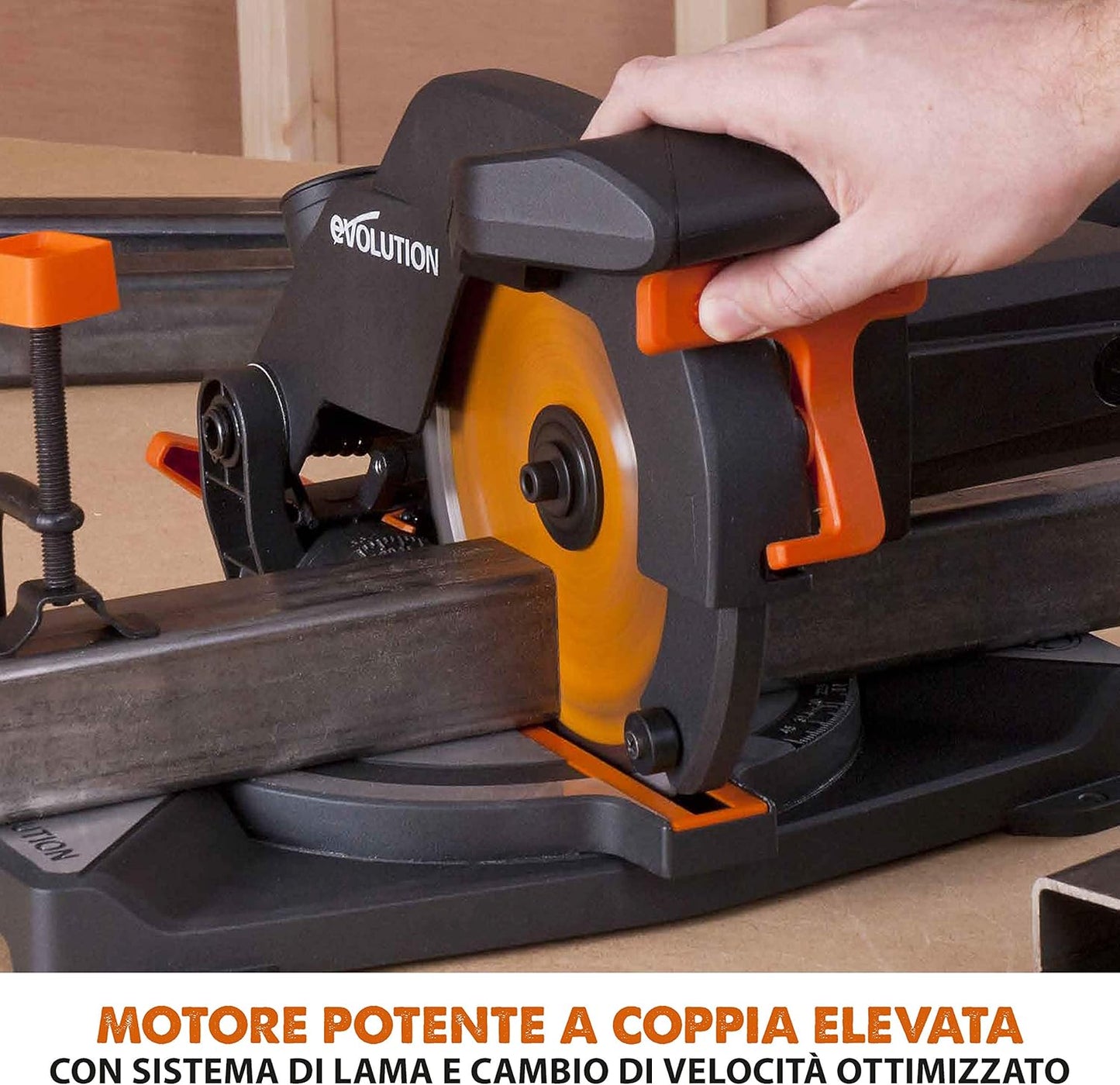 Evolution Power Tools R210Cms Multi-Material Radial Mitre Saw, 210 Mm, 230 V, Multicoloured, 42 x 29 x 32 cm, Idle speed 3750 rpm, Maximum cutting angle: 45°