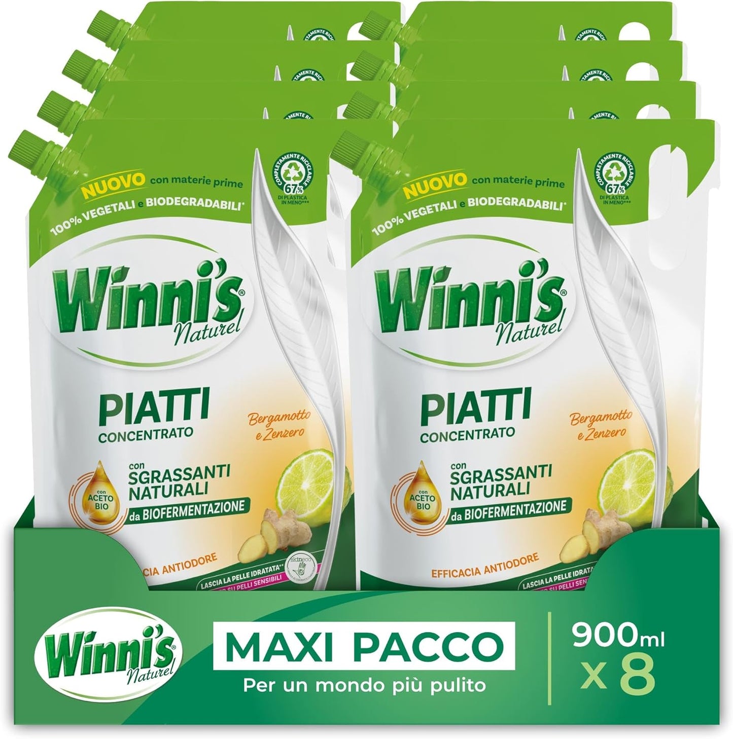 Winni's - Hand Detergent, Bergamot and Ginger, Concentrated, Hypoallergenic, with Natural Degreasers from Biofermentation, Raw Materials of Plant Origin, 900 ml x 8 Packs