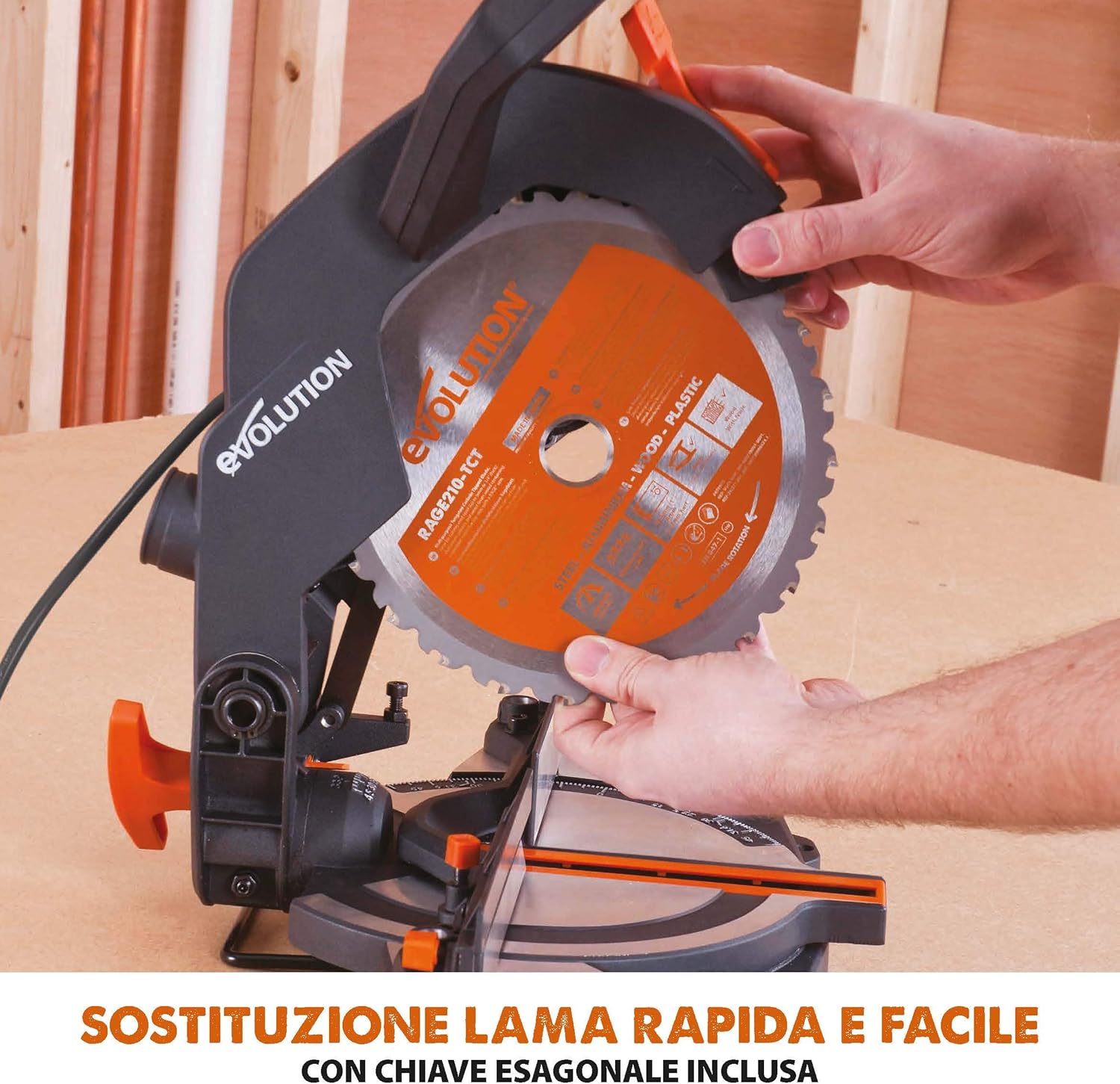 Evolution Power Tools R210Cms Multi-Material Radial Mitre Saw, 210 Mm, 230 V, Multicoloured, 42 x 29 x 32 cm, Idle speed 3750 rpm, Maximum cutting angle: 45°