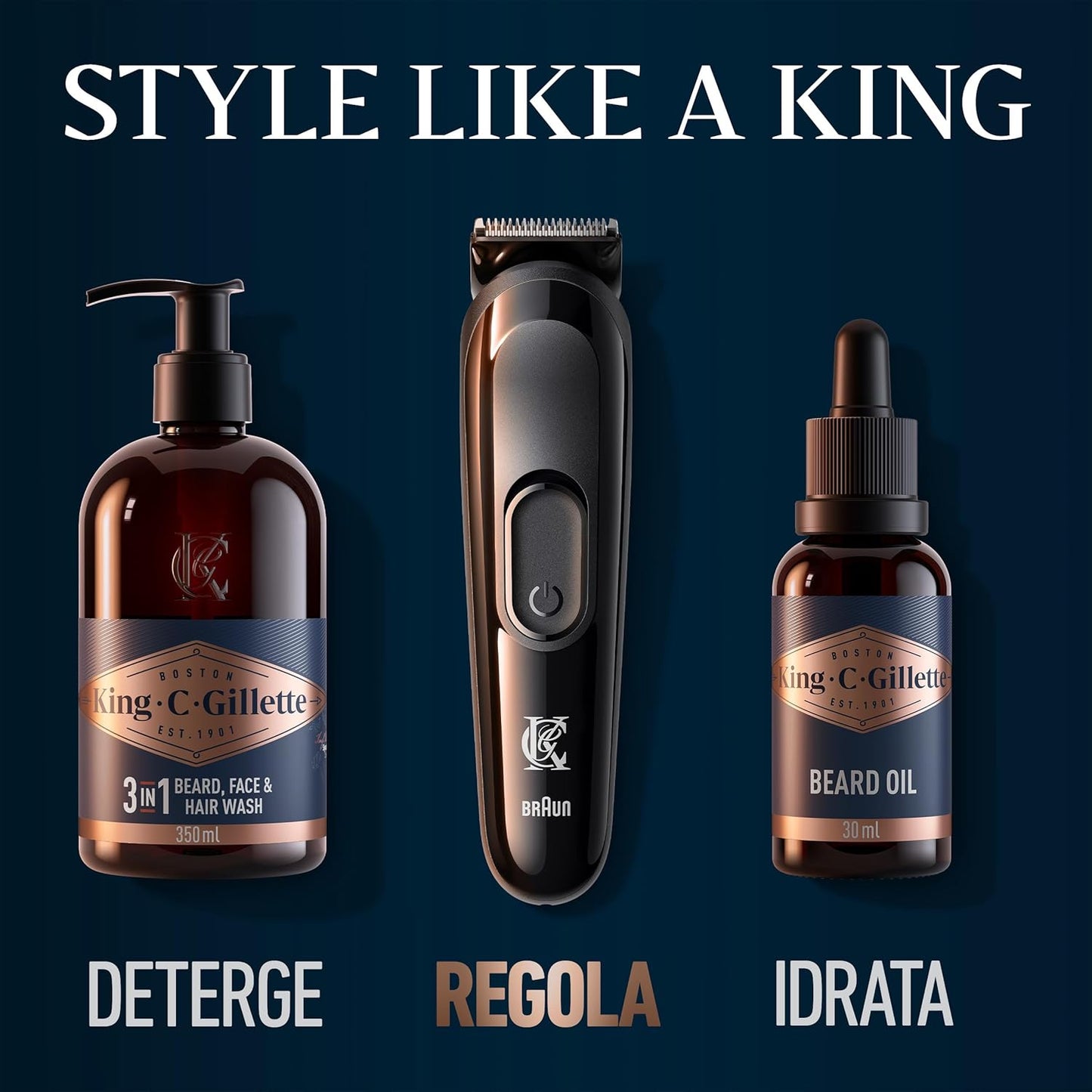 King C. Gillette Kit REGOLABARBA UOMO, 1 Testina, 3 Pettini Regolatori, 1 Spazzolina, 1 Caricatore, RASOIO BARBA ELETTRICO, Idea Regalo Uomo Kit professionale