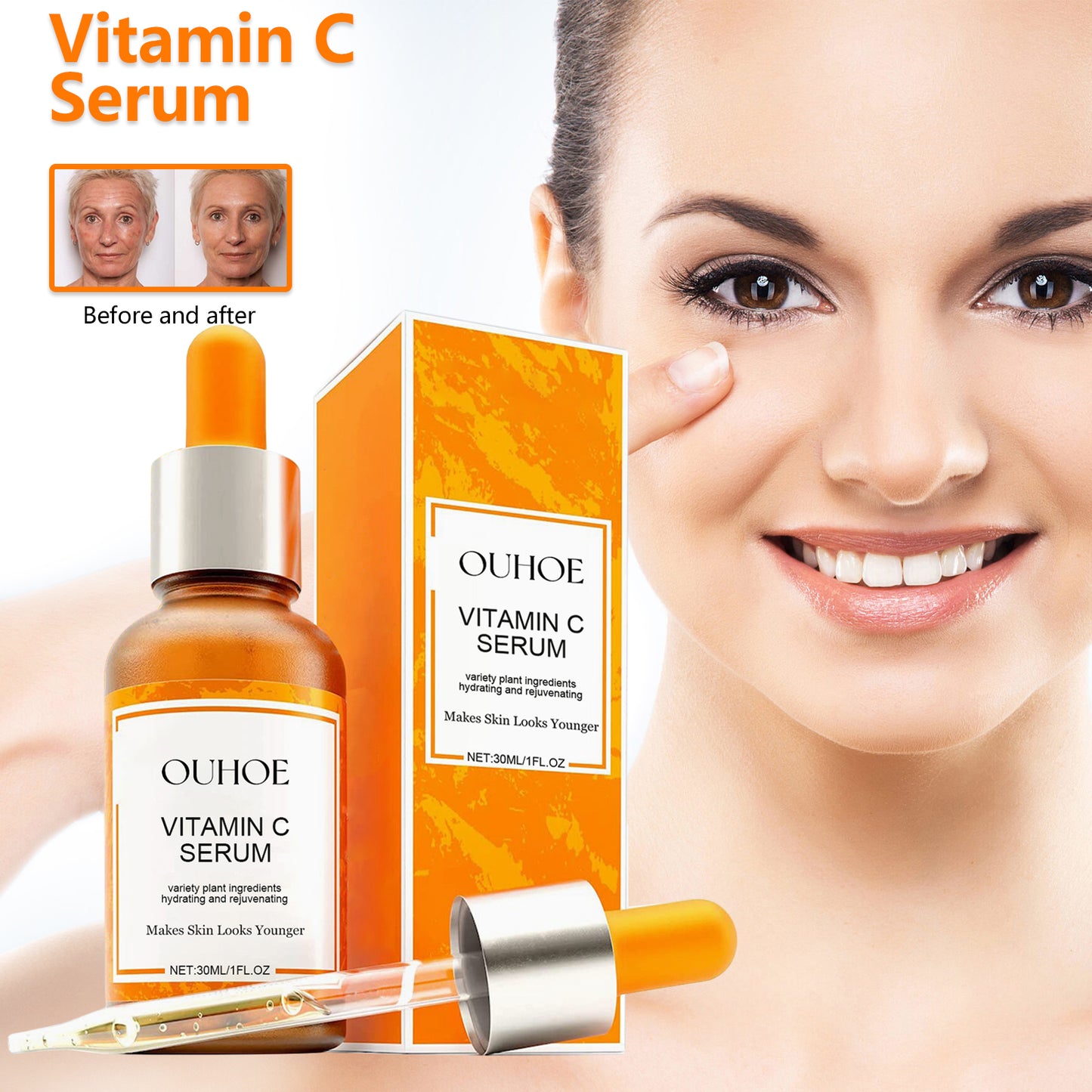 Siero viso alla vitamina C, schiarisce le linee sottili e rassoda la pelle del viso. Siero anti-età.
