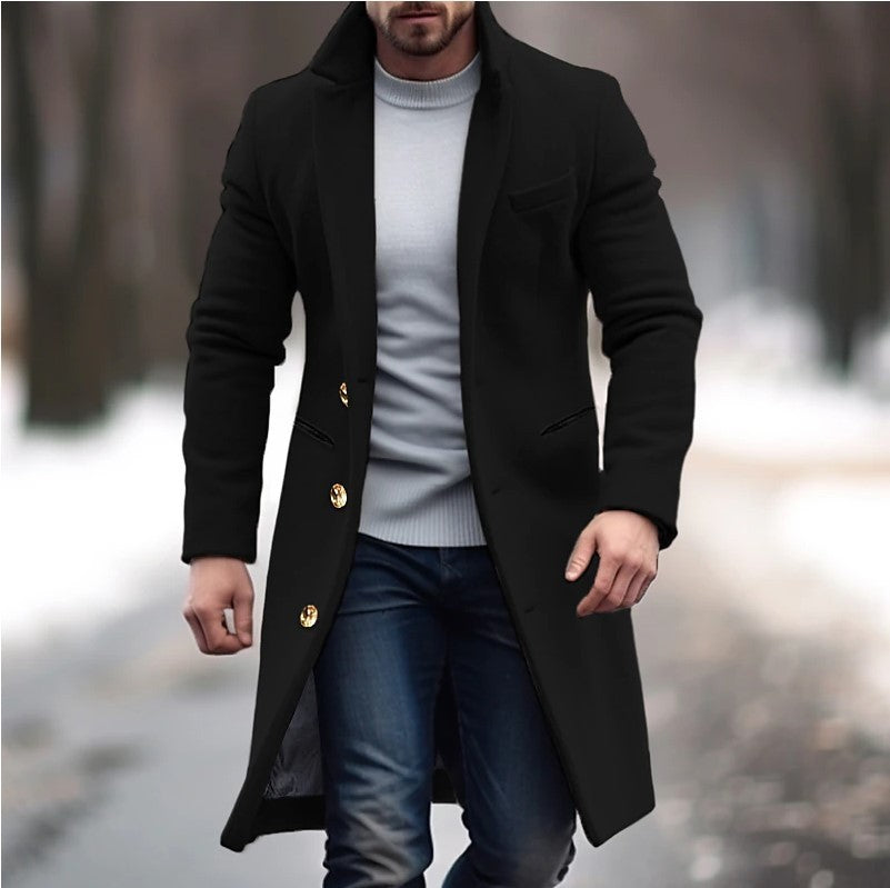 Trench invernale con revers, giacca monopetto alla moda, capispalla casual, tinta unita, abbigliamento da uomo
