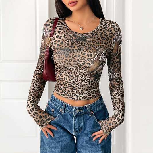 T-shirt a maniche lunghe con stampa leopardata vintage da donna