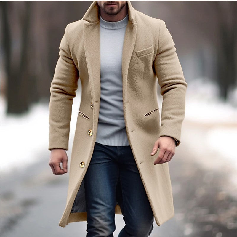 Trench invernale con revers, giacca monopetto alla moda, capispalla casual, tinta unita, abbigliamento da uomo